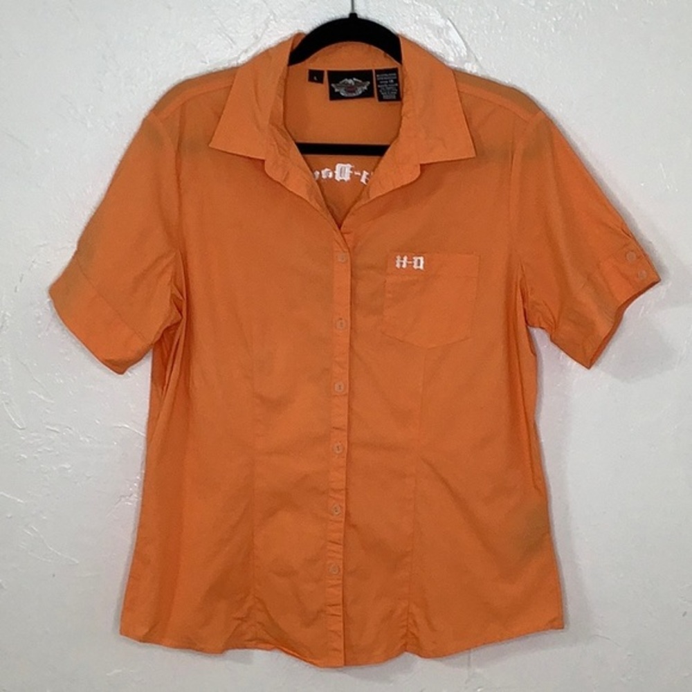 Harley Davidson embellished Eagle S/S button down orange shirt size large EUC - Picture 3 of 11